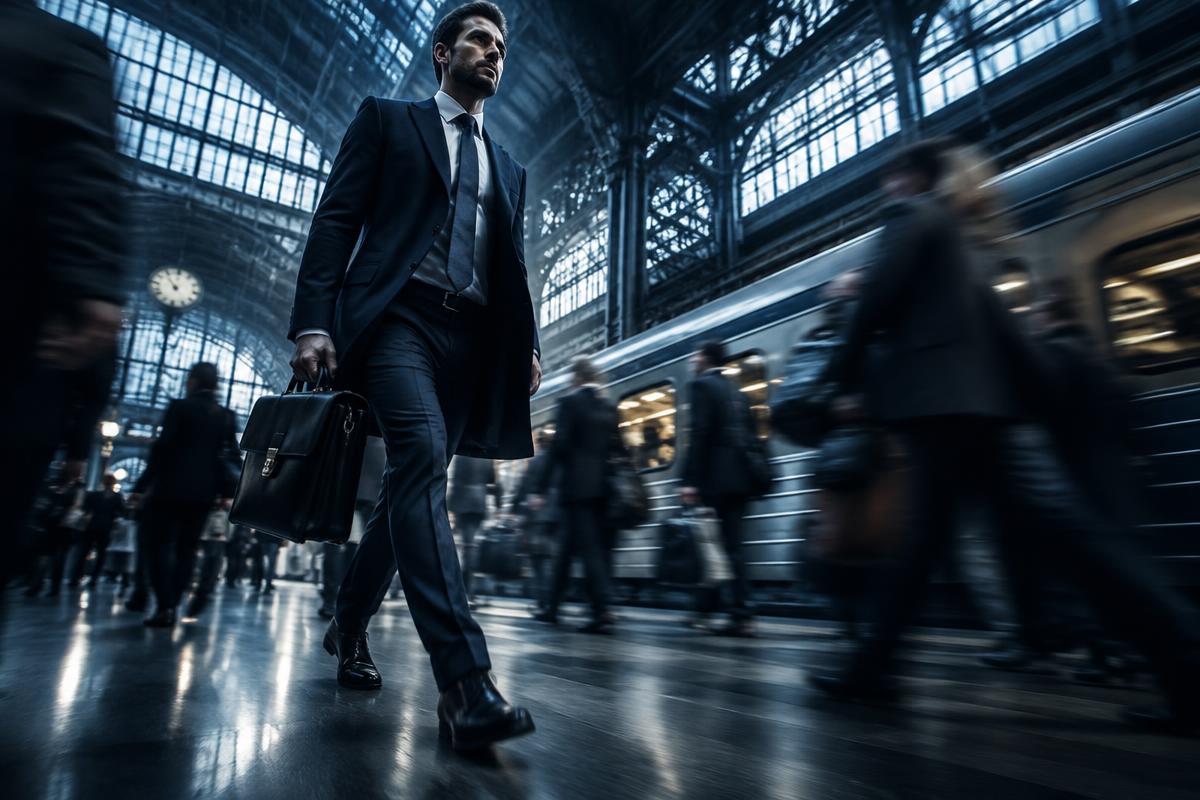 Businessman walking through a busy train station
